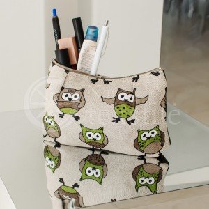 Colourful half-linen cosmetic bag "Owls green"